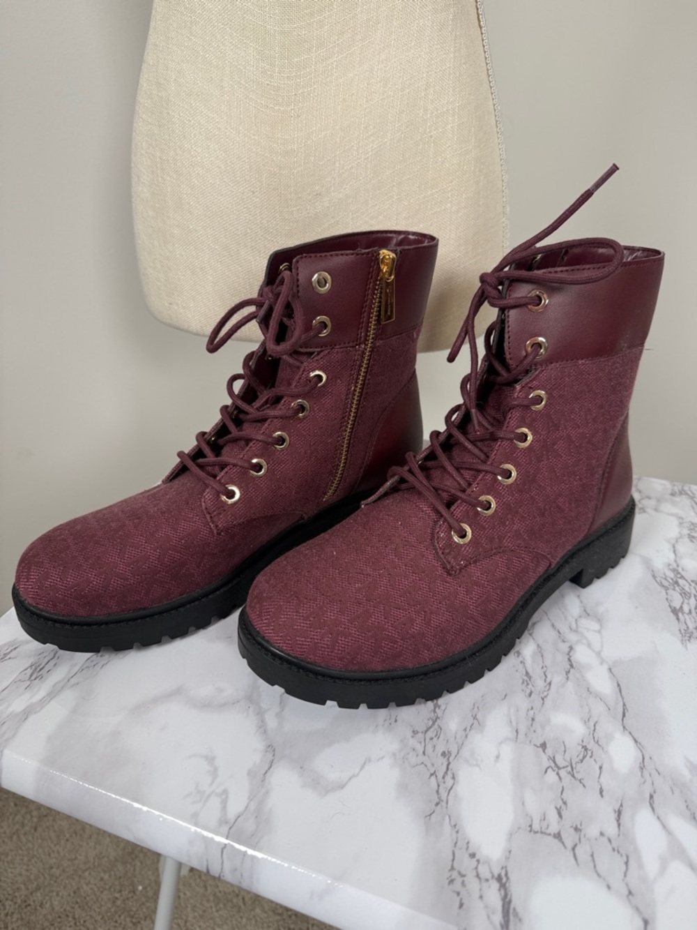 NEW!! MICHAEL Michael Kors Burgundy Lace-Up Combat Boots